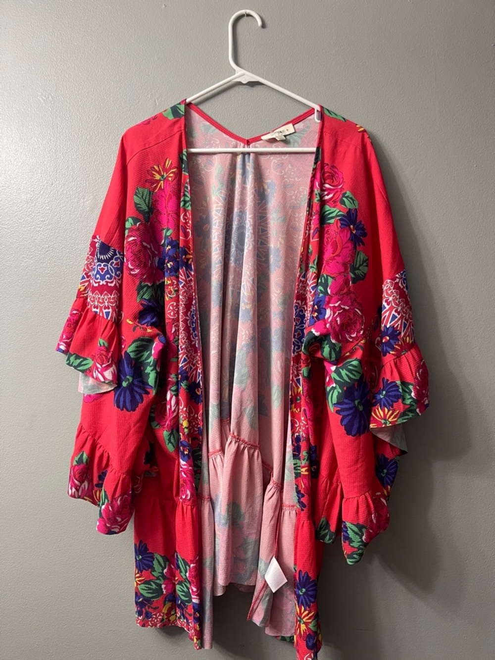 Umgee vibrant floral red kimono with ruffled sleeves boho-style 1x/2x